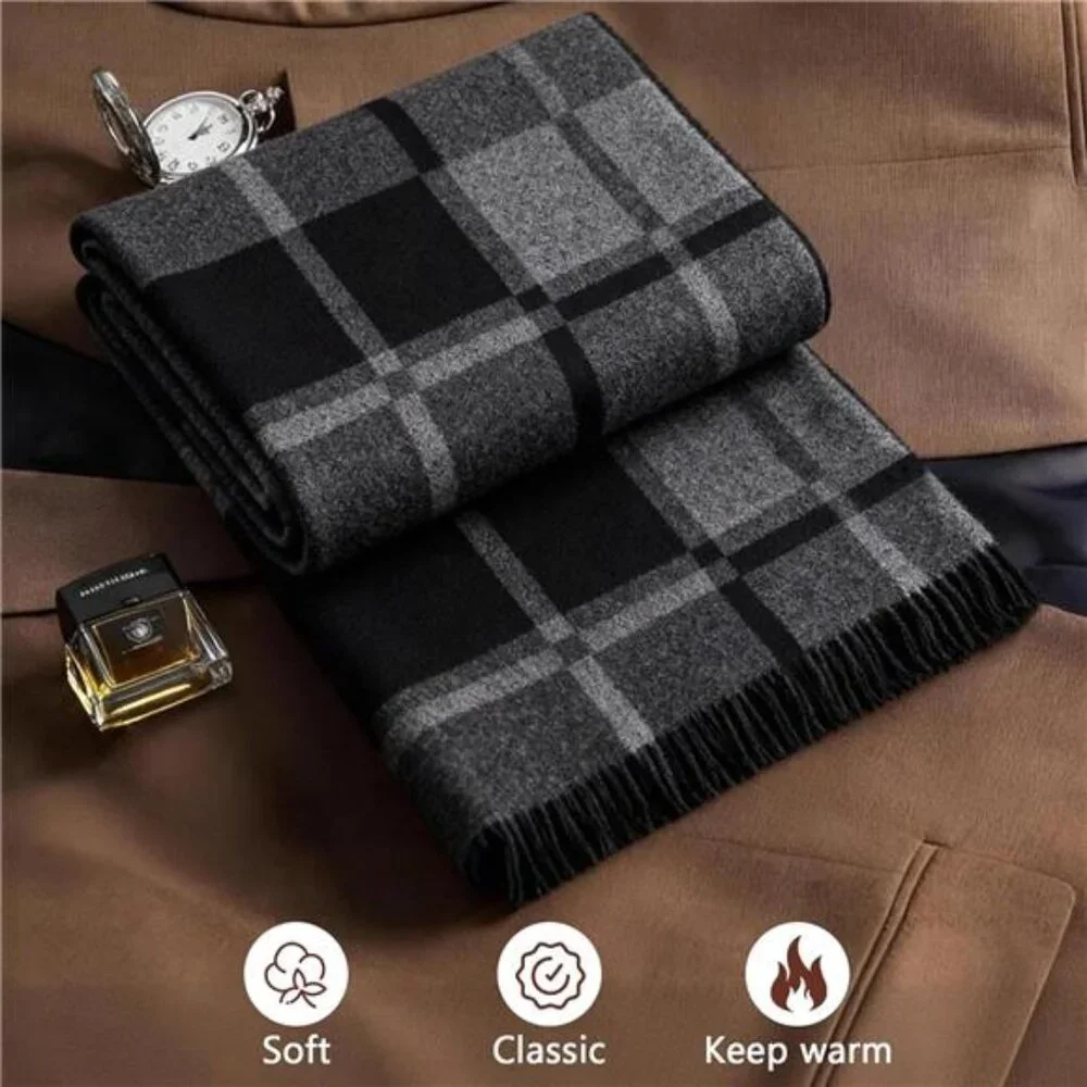 Men's Winter Scarf with Gift Box Plaid and Solid Scarf